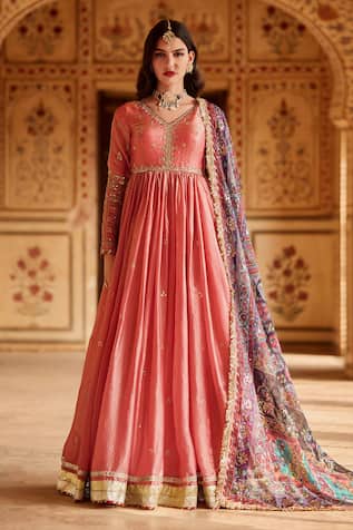Lashkaraa Zari Embroidered Coral Anarkali Set 