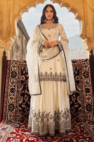 Lashkaraa Contrast Floral Embroidered Kurta Sharara Set 