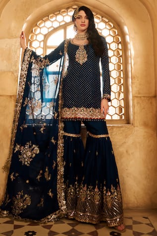 Lashkaraa Floral Embroidered Kurta Sharara Set 