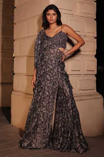 Kiyohra Noir Printed Cape Sharara Set 