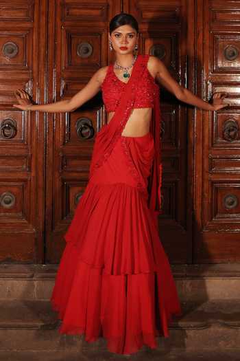 Kiyohra Red Tiered Ruffle Pre-Draped Saree Set 