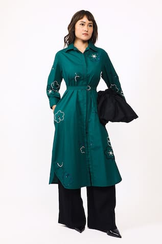 Leh Studios Floral Embroidered Green Shirt Dress 