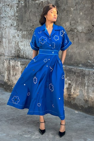 Leh Studios Floral Bead Embroidered Midi Dress 