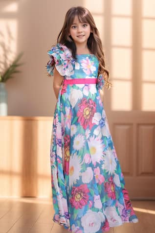 Multicolored Floral Print Gown With Belt 