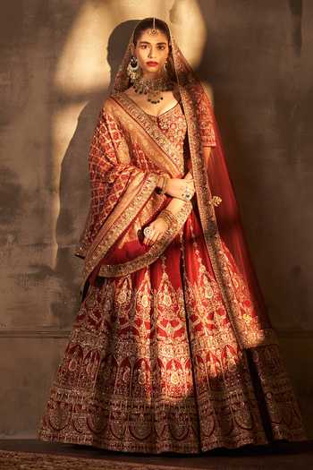 ANGAD SINGH Maroon Zardozi Embroidered Bridal Lehenga Set 