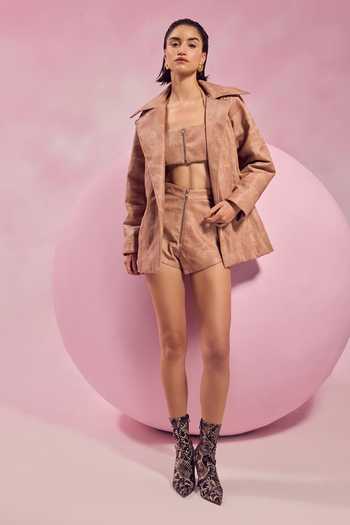 July Issue Textured Faux Leather Jacket & Shorts Set 