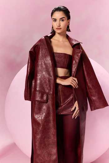 July Issue Textured Maroon Trench Jacket & Skirt Set 