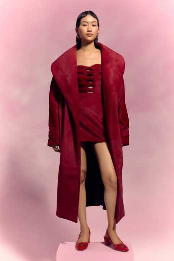 July Issue Maroon Suede Dress & Long Trench Jacket 