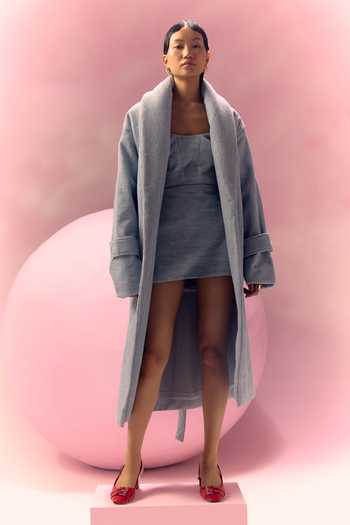 July Issue Powder Blue Cotton Jute Jacket & Dress Set 
