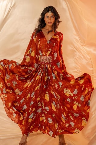 Label Shristi Chetani Embroidered Rust Kaftan Dress 