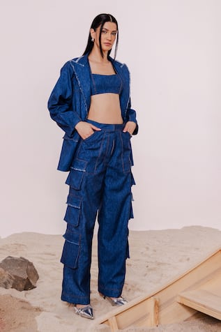 July Issue Blue Denim Blazer & Cargo Pant Set 