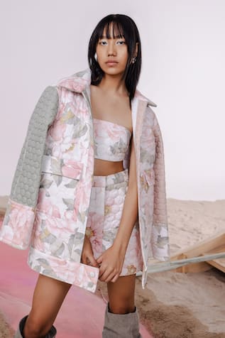 July Issue Floral Quilted Jacket & Mini Skirt Set 