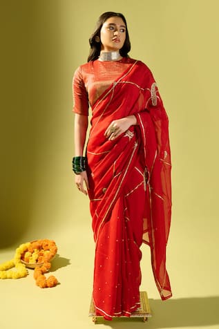 Komal Shah Maroon Keri Jaal Saree with Striped Blouse 