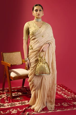 Komal Shah Beige Floral Jaal Saree With Striped Blouse 