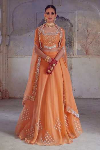 Vinita Bhansali Orange Silk Cape Lehenga Set 