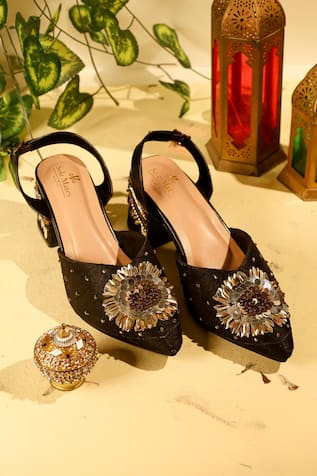 Black Floral Embroidered Heels 