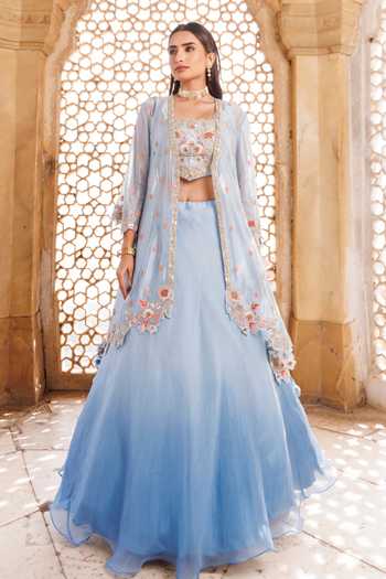 Vinita Bhansali Silk Floral Embroidered Fusion Lehenga Set 