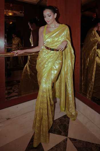 Ekaya Banaras Lime Gold Zari Houndstooth Silk Saree 
