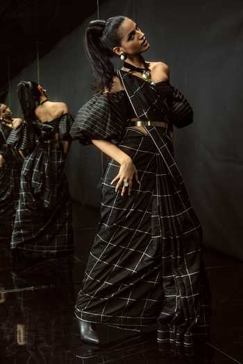 Ekaya Banaras Black Windowpane Check Silk Saree 