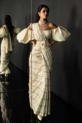 Ekaya Banaras Vanilla Windowpane Check Silk Saree 