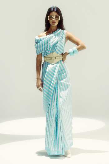 Ekaya Banaras Nautical Stripe Silk Saree 