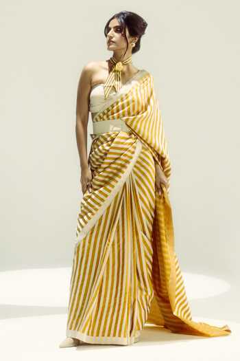 Ekaya Banaras Ochre Nautical Stripe Handloom Saree 