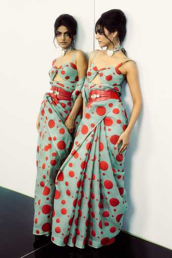 Ekaya Banaras Teal Confetti Handwoven Saree Set 