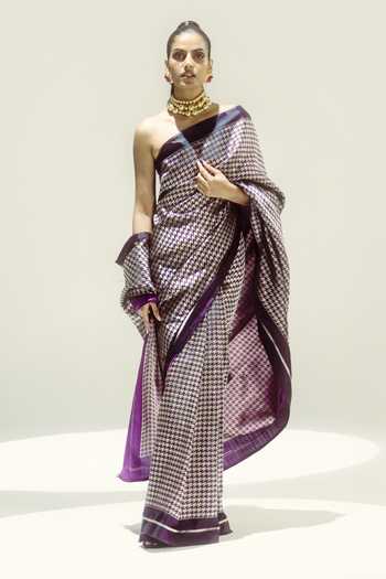 Ekaya Banaras Houndstooth Satin Silk Saree 