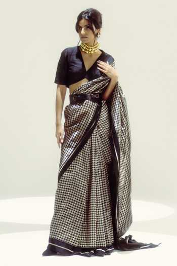 Ekaya Banaras Black Gold Houndstooth Silk Saree 