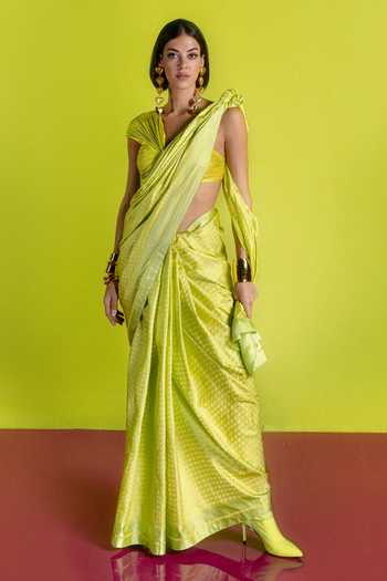 Ekaya Banaras Lime Houndstooth Handwoven Saree 