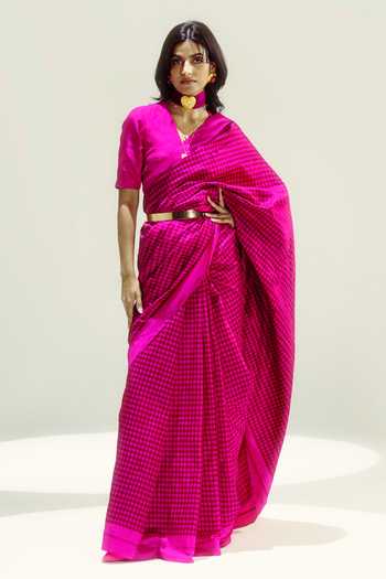 Ekaya Banaras Burgundy & Pink Houndstooth Saree 