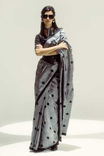 Ekaya Banaras Black Polka Glen Plaid Saree 