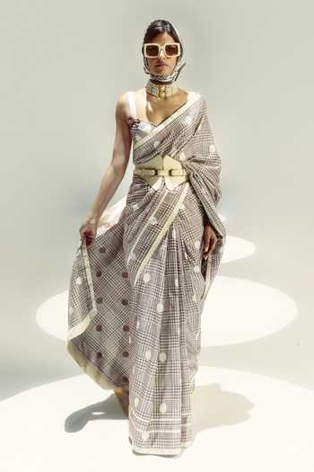 Ekaya Banaras Vanilla Polka Glen Plaid Saree 