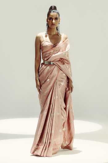 Ekaya Banaras Old Rose Polka Glen Plaid Saree 