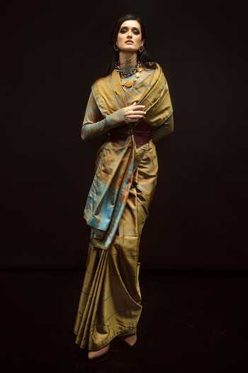 Ekaya Banaras Ochre Big Check Handwoven Saree 