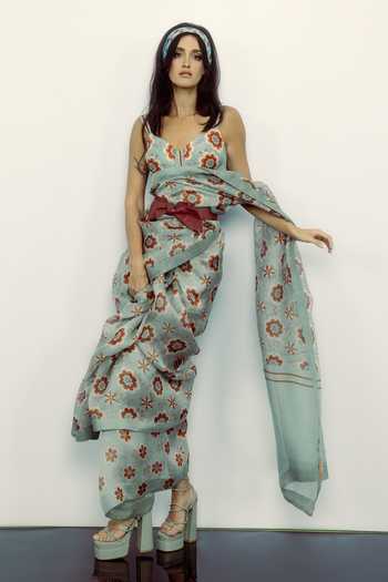 Ekaya Banaras Retro Floral Printed Organza Saree 
