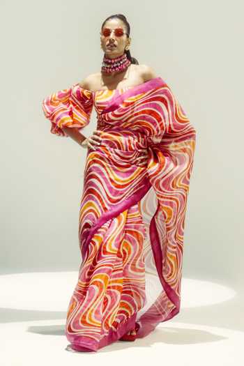Ekaya Banaras Groovy Waves Printed Saree Set 