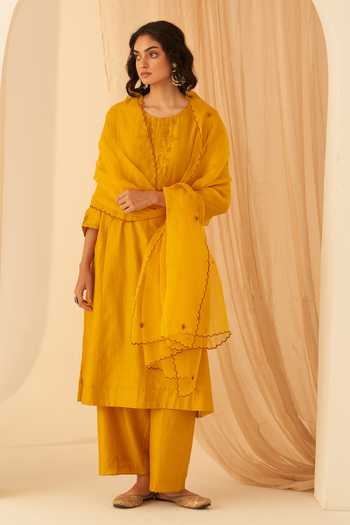 Janki India Floral Katha Stitched Mustard Kurta Set 