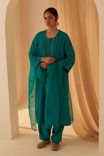 Janki India Turquoise Chanderi Zari Work Kurta Set 
