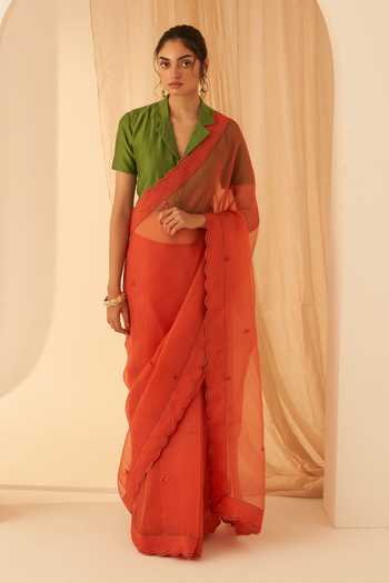 Janki India Rust Organza Embroidered Scallop Border Saree Set 