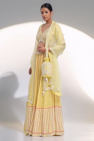 Surbhi Gupta Yellow Hand Block Printed Lehenga Set 