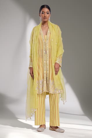 Surbhi Gupta Lime Green Block Printed Anarkali Set 