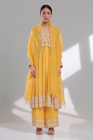 Surbhi Gupta Yellow Hand Block Printed Anarkali Set 
