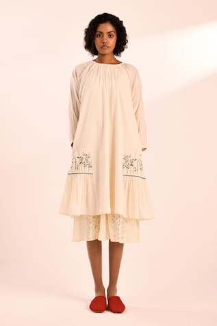 Floral Embroidered Off White Midi Dress 