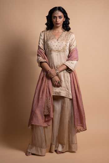 Rhua Beige Gold Handcrafted Sharara Suit Set 