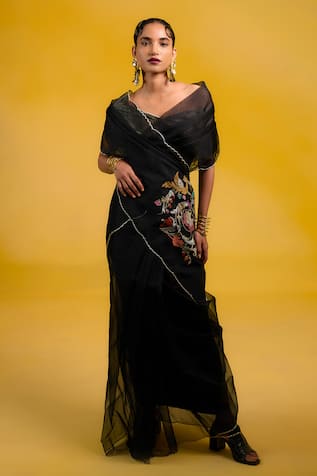 Ekaya Banaras Black Kora Silk Banarasi Saree 