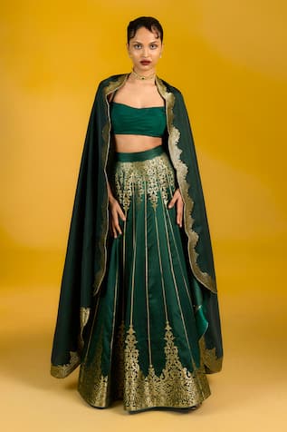 Ekaya Banaras Bottle Green Kadhwa Lehenga Set 