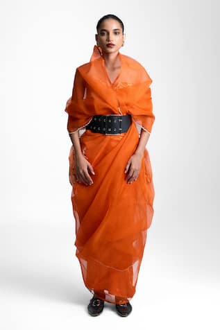 Ekaya Banaras Amber Glow Tangerine Saree 