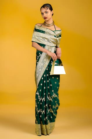 Ekaya Banaras Bottle Green Satin Silk Saree 