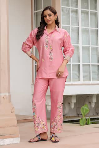 Label Niti Bothra Floral Embroidered Pink Pant Set 